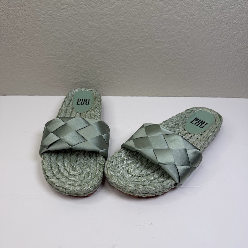 Anthropologie Bibi Lou Women’s Mint Green Satin Raffia Slide Sandals Size 39